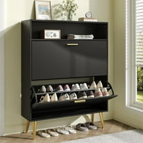 JOZZBY Shoe Cabinet Storage for Entryway, Freestanding Slim Shoe Organizer Cabinet with 2 Flip Drawers, Narrow Shoe Rack with Open Shelves for Hallway, Living Room, Black