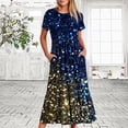 thumbnail image 2 of Penkiiy Women's Summer Casual Short Sleeve Crewneck Shiny Print Swing Dress Flowy Tiered Maxi Beach Dress with Pockets M Dark Blue, 2 of 7