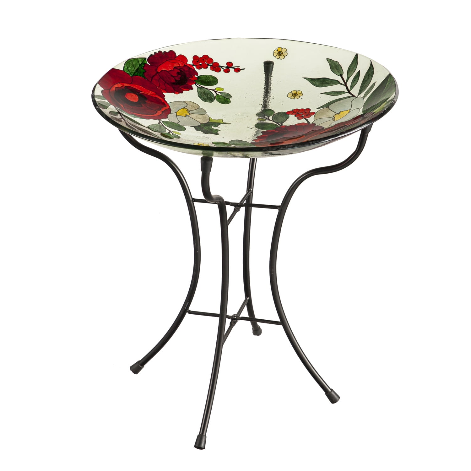 16" Glass Bird Bath with Stand, Winter Flowers