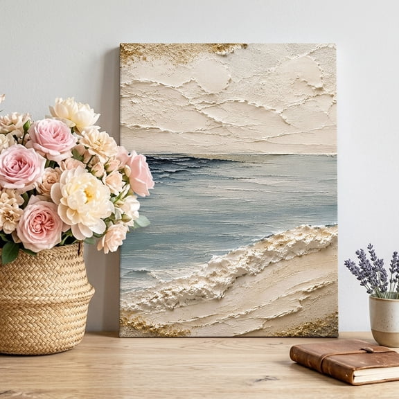 Heavy Impasto Ocean Canvas Wall Art, Coastal Blue Textured Ocean Beige Beach Framed Picture Canvas Wall Art Print Decor Artwork Decorations for Living Room Bedroom Ready to Hang 36" x 24"