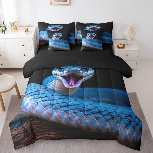 Snake 7 Piece Comforter Set Full Bed In A Bag,3D Reptile Bedding Sets Blue Snake Scales Sheet Set With Comforter,Gothic Wild Animal Bed Set