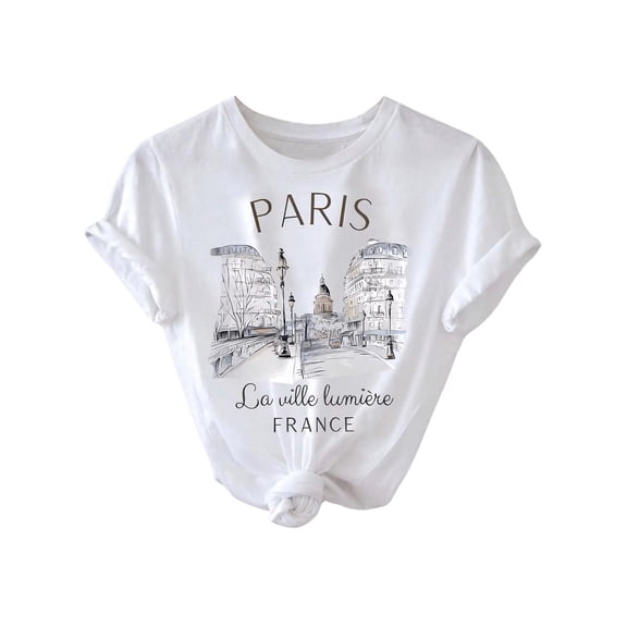 Women's Paris Letter Graphic Tees Crew Neck Short Sleeve Casual T Shirt Tops