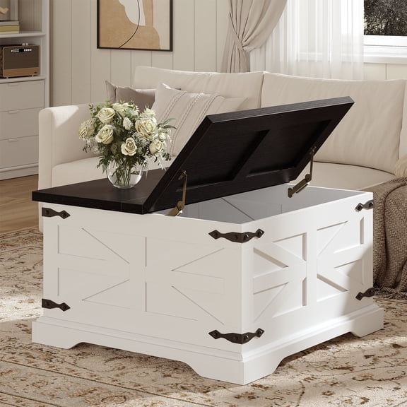 Frmobepts Farmhouse Coffee Table, Square Wood Center Table with Storage and Lift Top, Metal Corners for Living Room, White