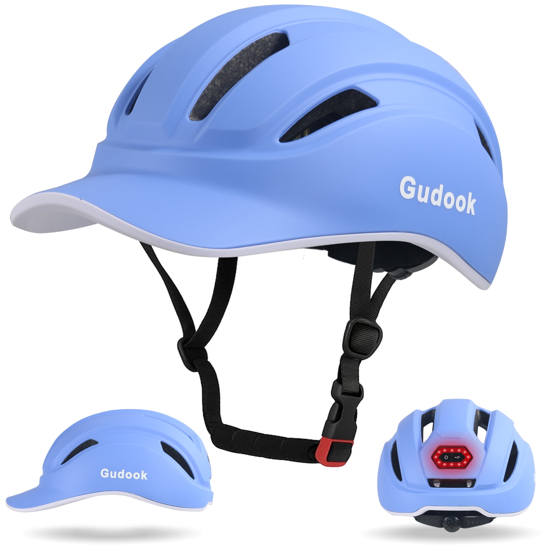 Gudook Adult Bike Helmet for Men - Women Bicycle Helmet with LED Rear Light - Certified Comfort Adjustable Baseball Cap Style Cycling Helmets for Urban Commuter Road Biking Scooter