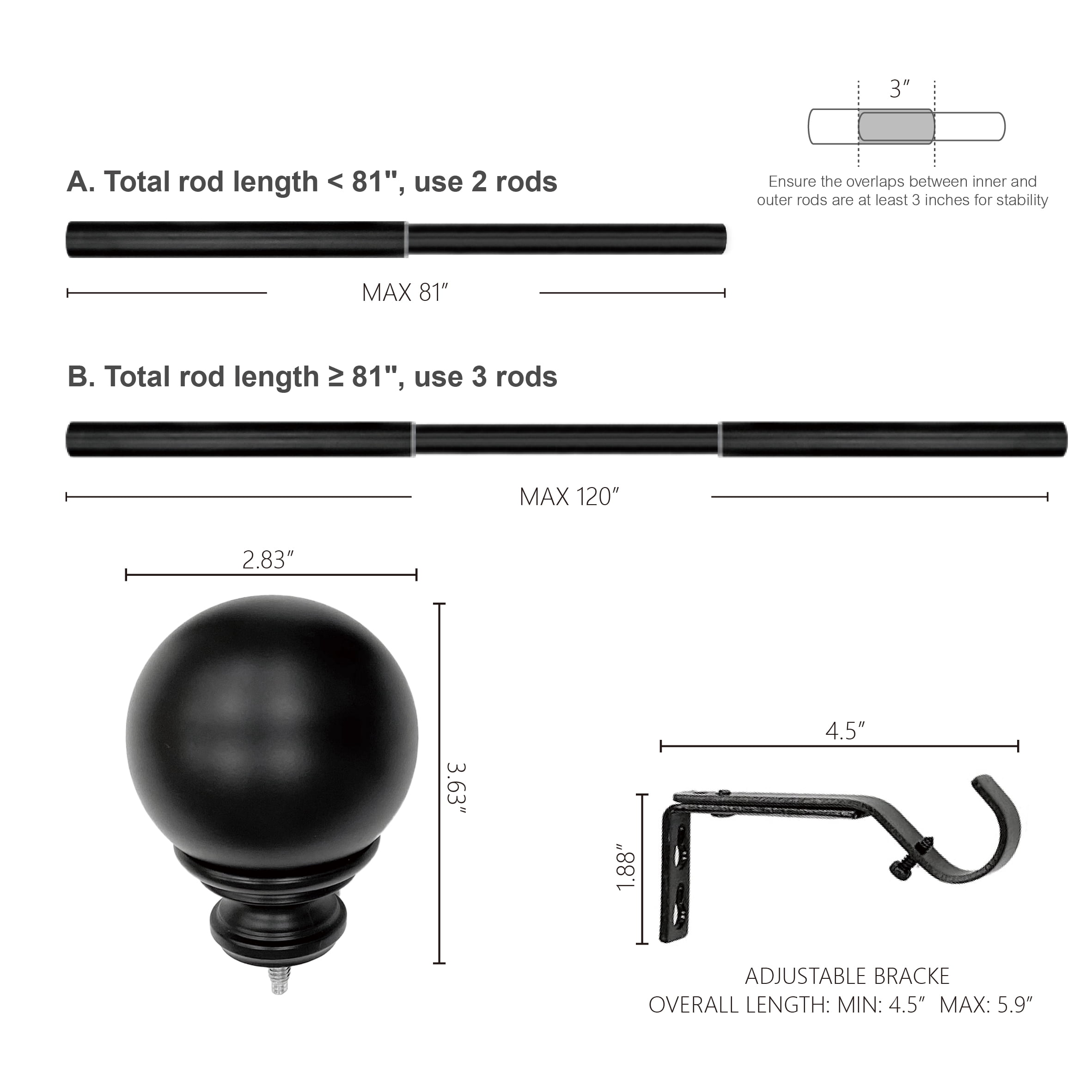 Better Homes & Gardens 1" Oil Rubbed Bronze Metal Ball Single Curtain Rod, 42-120"