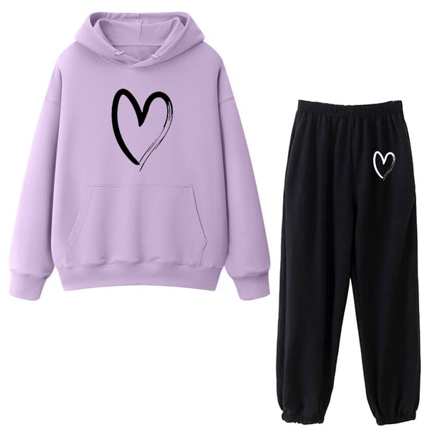 Gibobby Conjunto de sudadera y pantalones Traje pantalón térmico con capucha y estampado de de corazón para mujer(Morado,M)