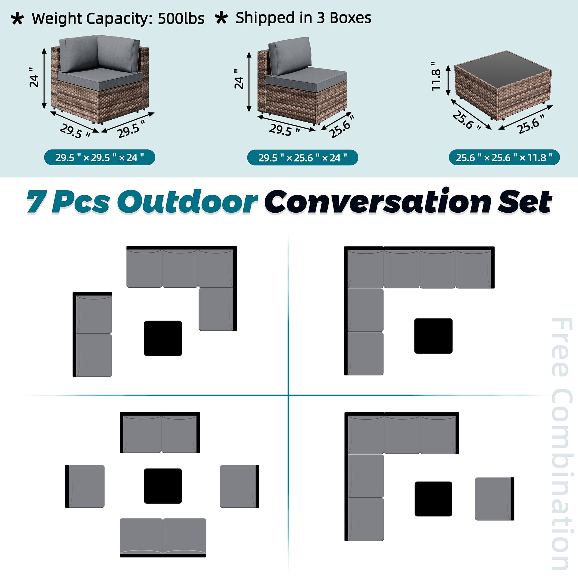 Walsunny 7 Pieces Patio Conversation Set, All-Weather Rattan Wicker Patio Furniture Sets with 6 Chairs and 1 Coffee Table, Washable Couch Cushions,Brown Rattan Gray Cushions