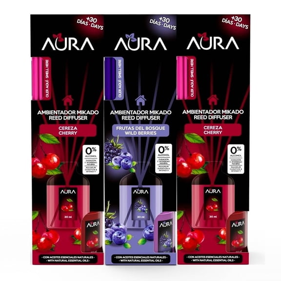 Aromatizante Cristalinas Aura Aroma Cereza y Frutos del Bosque 3 pack 30 ml c/u