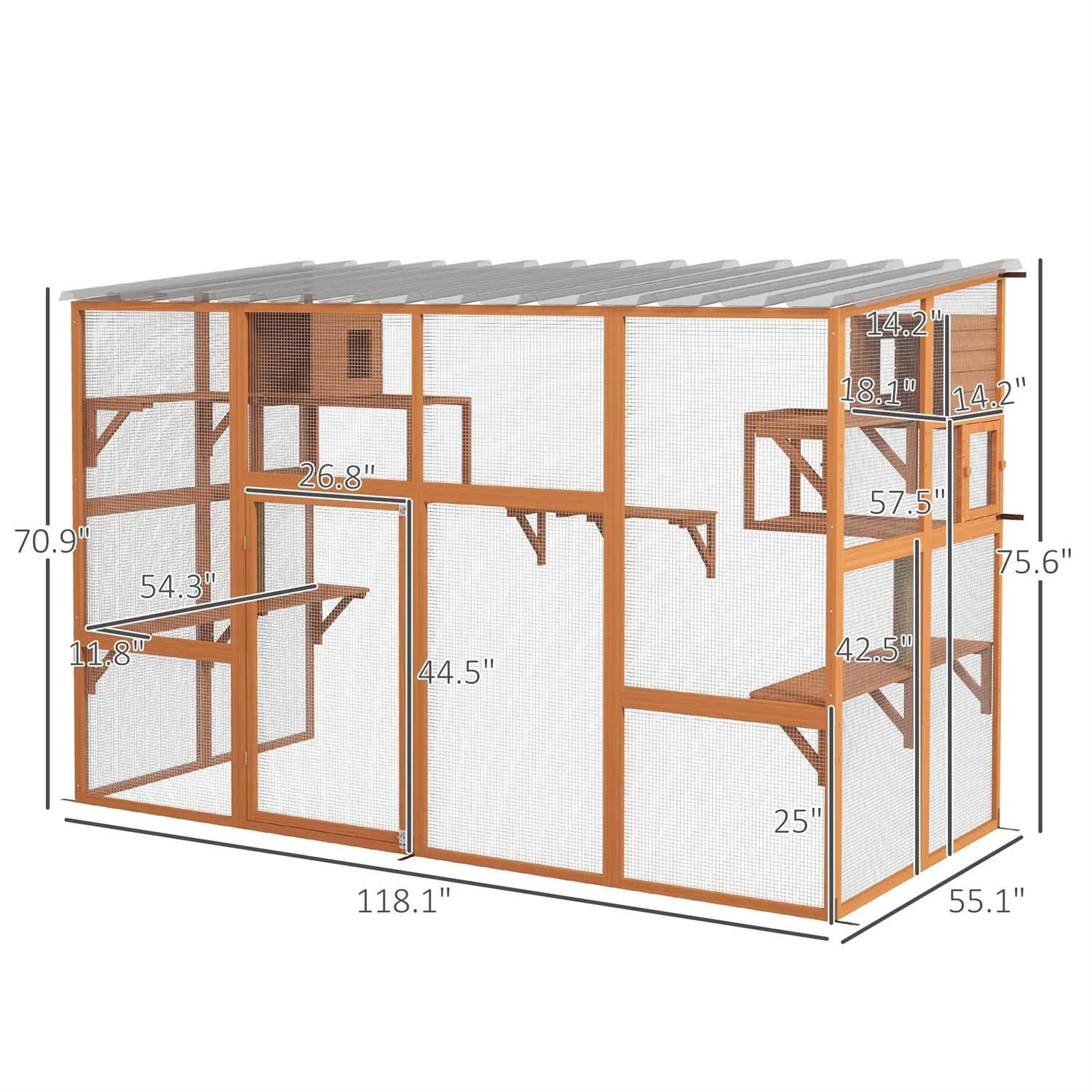 Pefilos 118" Outdoor Weatherproof Cat Cage with Scratching Post, Wooden Catio House for 2-3 Kittens Cats, Indoor Cat Enclosure, Orange