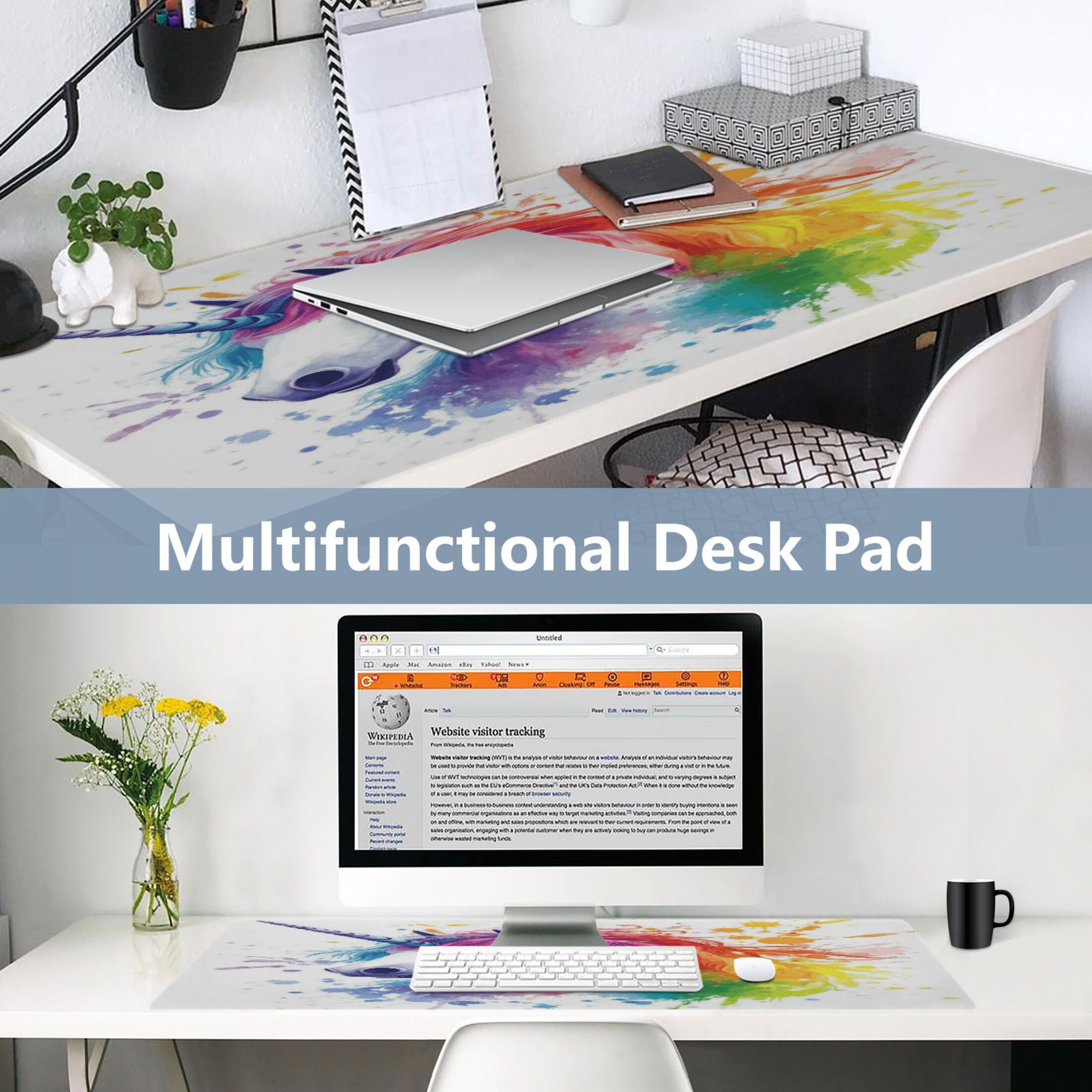 Leather Keyboard and Mouse Desk Mat Office Desk Accessories Protective Office Desk Decor Desk Pad Mat for Gaming, Work from Home, Office Rainbow-colored Unicorn 16.5" x 35.4"