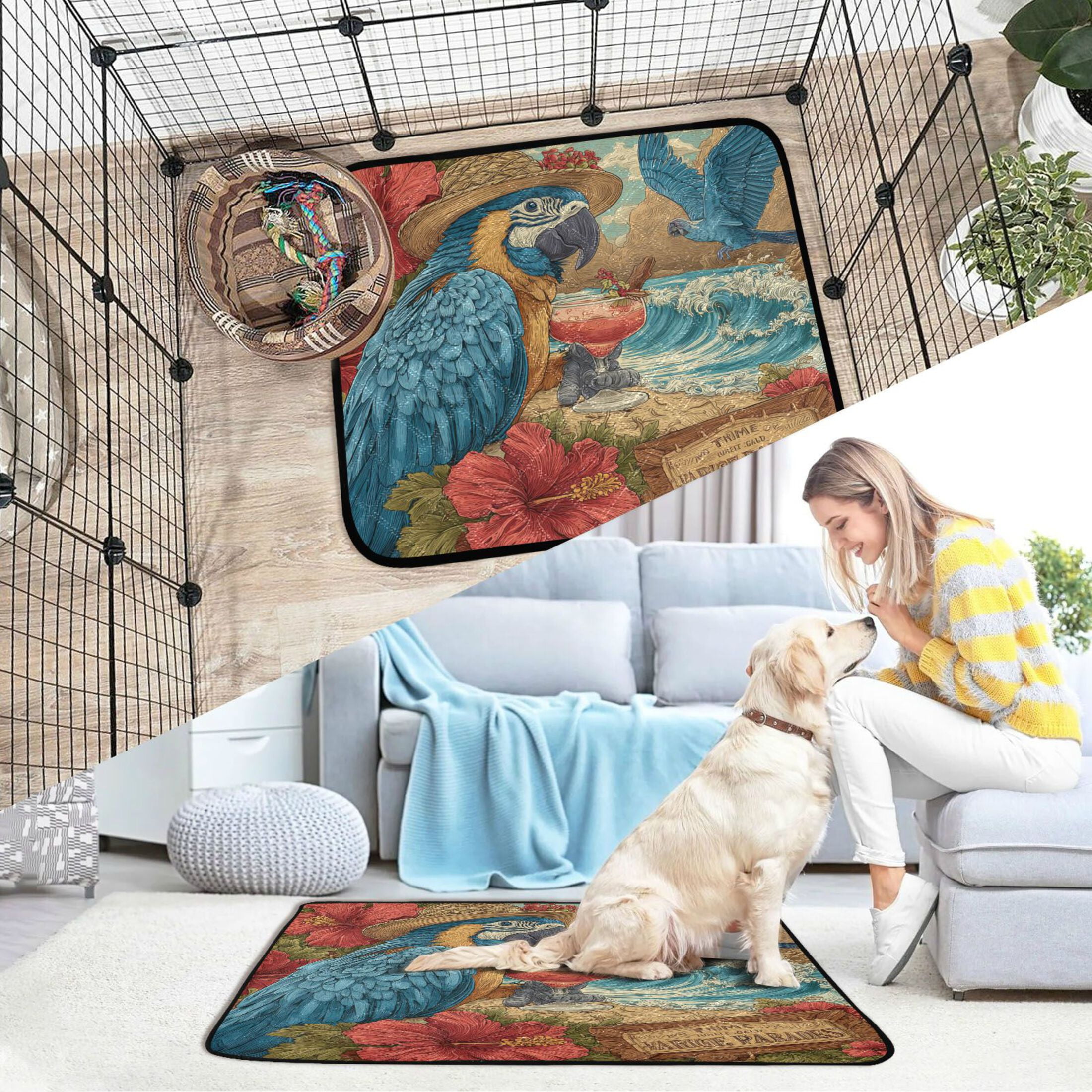 Qxltty Blue Parrot Cat litter Pads Pet Set of 3 Diaper Mats Center Anti-leakage Layer Absorbent Soft and Comfortable