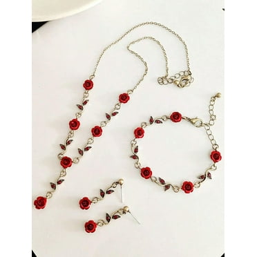 EOEMY 3Pcs Women'S Red Rose Design Vintage Bracelet, Necklace, Earrings Set Jewelry-Default