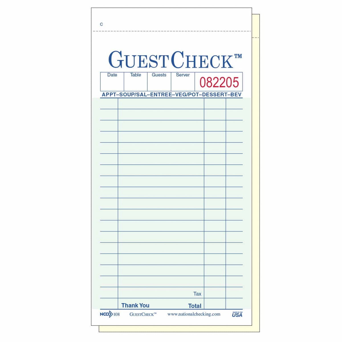 National Checking NTC105 2 Pint 16 Lines Salmon Guest Check, Carbon - 50 Per Pack - 50 Per Case