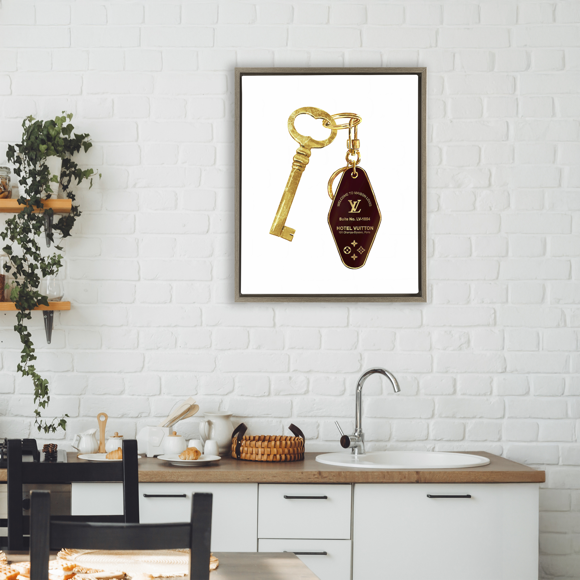 Glam Gold Key Fashion Brown Framed Floater Canvas Wall Art, design by Ziwei Li