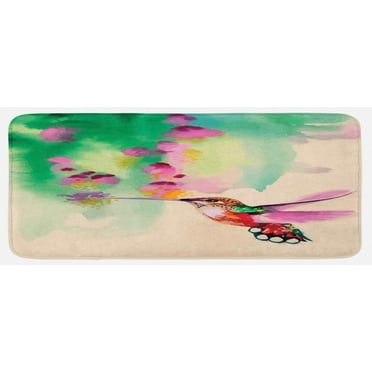 Hummingbird Kitchen Mat, Art with Colibri Bird and Flowers Romantic Springtime Tropics Nature Theme, Plush Decorative Kitchen Mat with Non Slip Backing, 47" X 19", Green Fuchsia, by Ambesonne