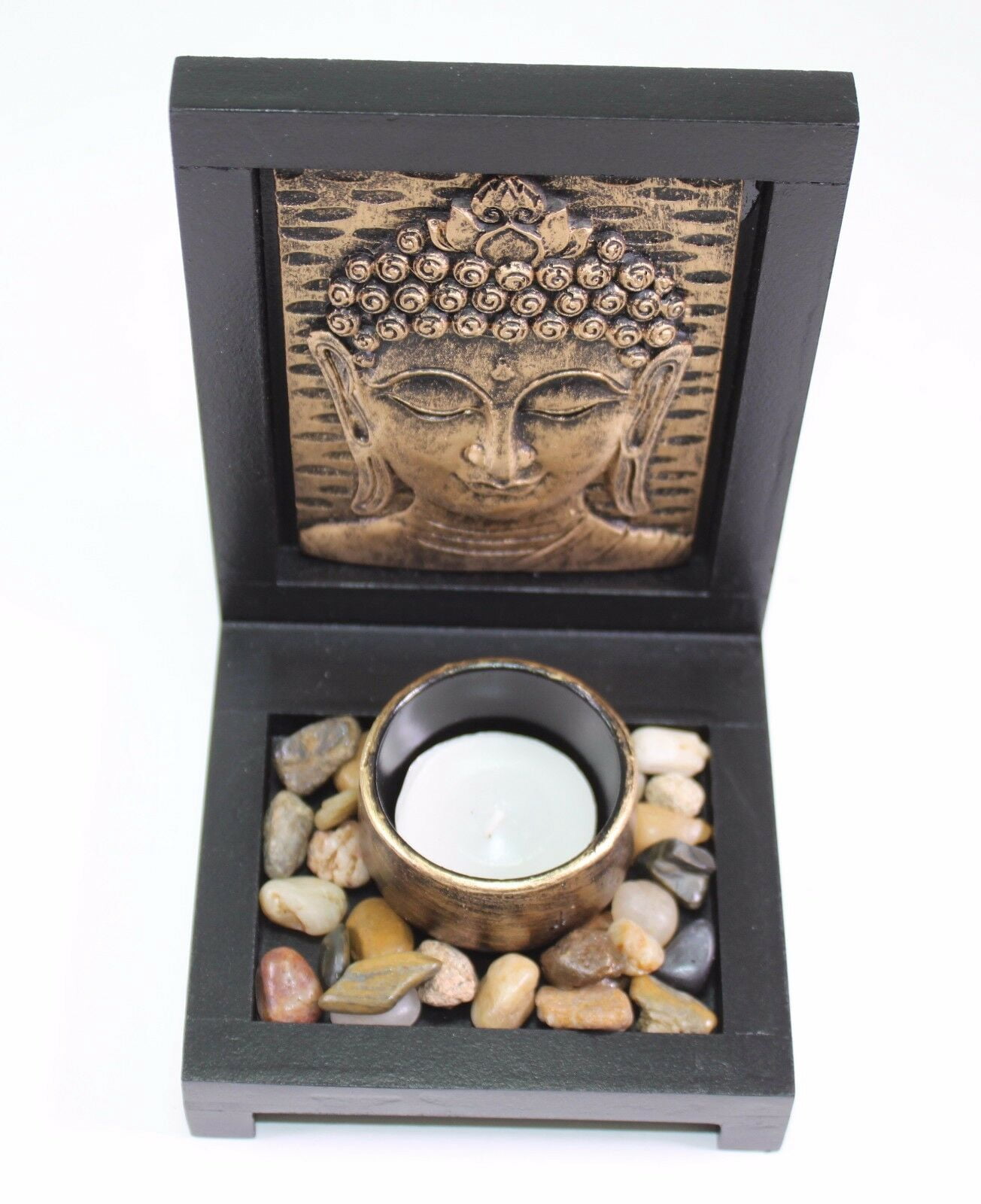 Tabletop Bronze Buddha Face Zen Garden Rock Candle Holder Gift & Home Decor G16276