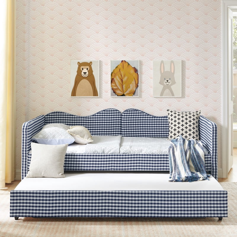 Twin to King Size Daybed with Trundle, Gingham Upholstered Day Bed Frame with Side Storage Pocket and Wave Backrest, Sofa Bed Frame for Bedroom, No Box Spring Needed
