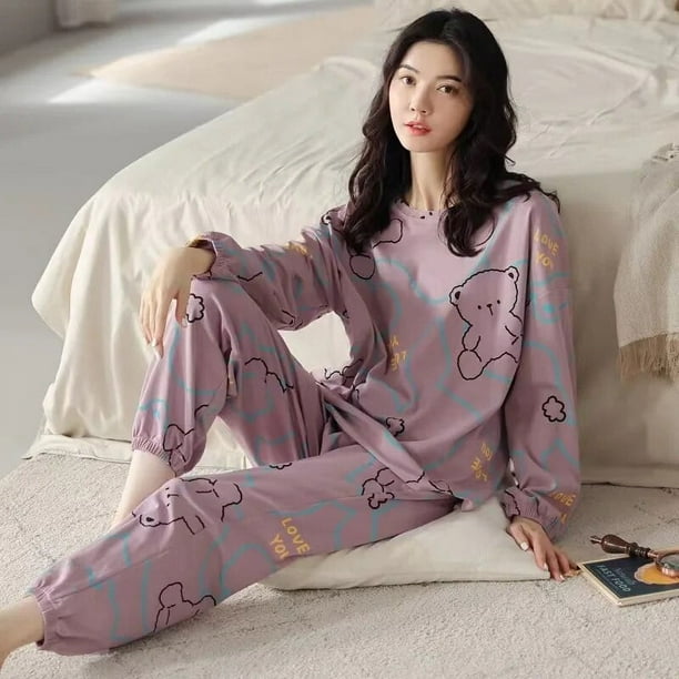 Conjuntos de pijama de poliester para mujer ropa de dormir de dibujos animados a cuadros ropa de dormir larga para el hogar traje informal de talla grande 5XL primavera y otono