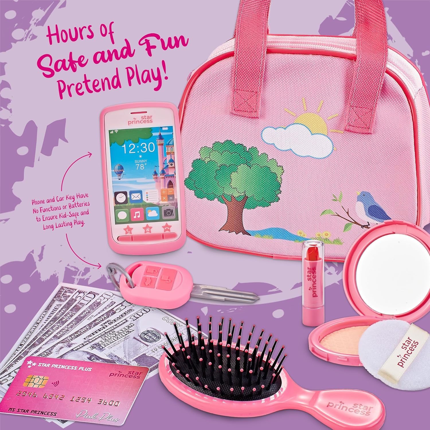 Toddler Play Purse With Pretend Accessories - Toy For Girls 1,2,3 Years Old With Makeup, Phone & Keys