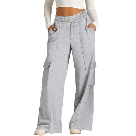 kaltagled Wide Leg Sweatpants Women Cargo Pants High Waisted Baggy Joggers with Pockets Outdoor Athletic Loose Lounge Pants Soft Comfy Hiking Workout Sweat Pants Women Casual Vacation Trousers Grey