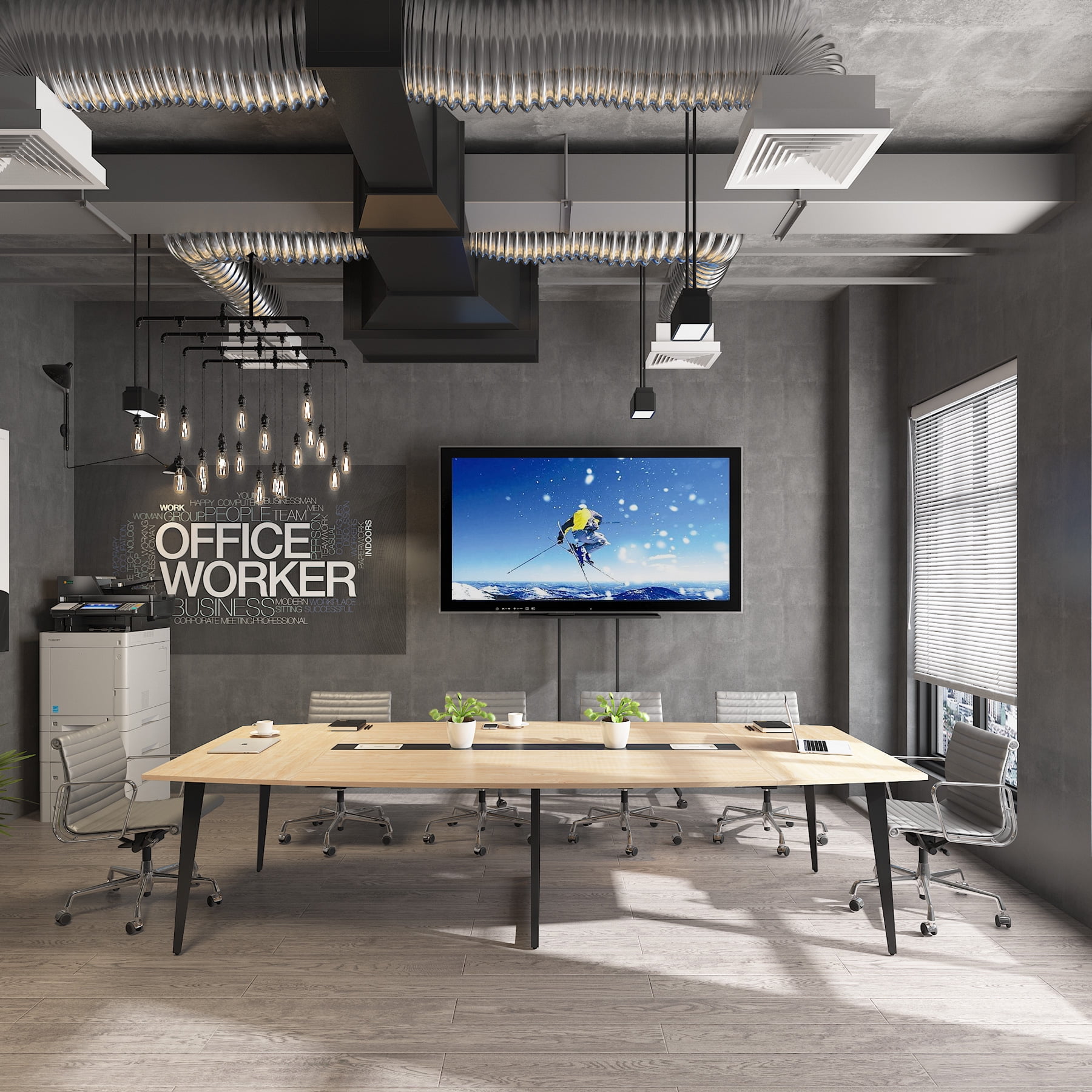 Tribesigns 8ft Boat-Shaped Conference Table - 94.48"L x 47.21"W Modern Boardroom Table with Cable Management, Light Wood Grain Office Meeting Table