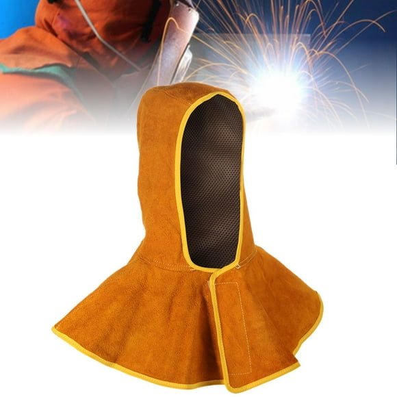 Welding Hood, Flame Retardant Cowhide Welding Cap with Neck Shoulder Drape, Spark-Proof Head Protection Helmet, Split Leather Welding Hat for Men Women(Brown)
