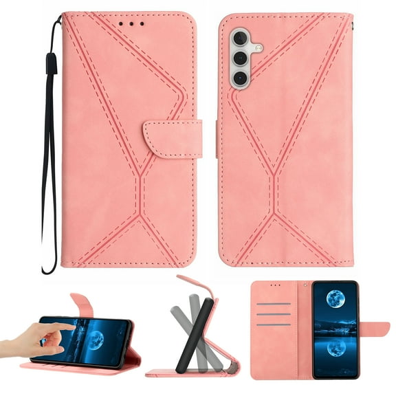 For Samsung A13 5G Wallet Case with [RFID Blocking] Leather Flip Folio Strong Magnetic Closure Cover Credit Card Holder with Hand Strap Kickstand Men Women For Samsung Galaxy A13 5G, Pink