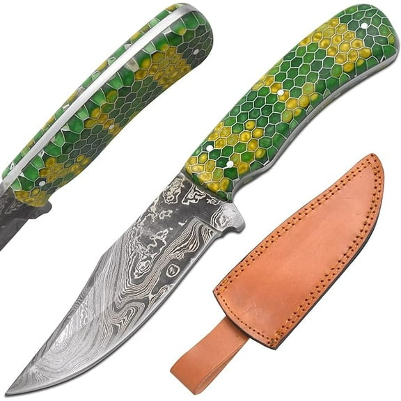 Wild Turkey Handmade 9.5" Green Viper Handle Damascus Outdoor Hunting Knife