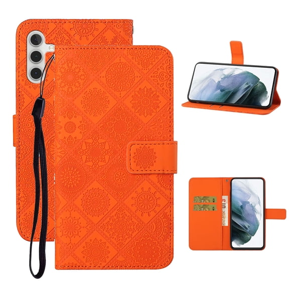 Feishell Flip Case Compatible with Samsung Galaxy A14 5G,Wallet Case with Card Holder Stand PU Leather Embossed Pattern Slim TPU Bumper Shockproof Magnetic Clasp Folio Phone Cover,Orange