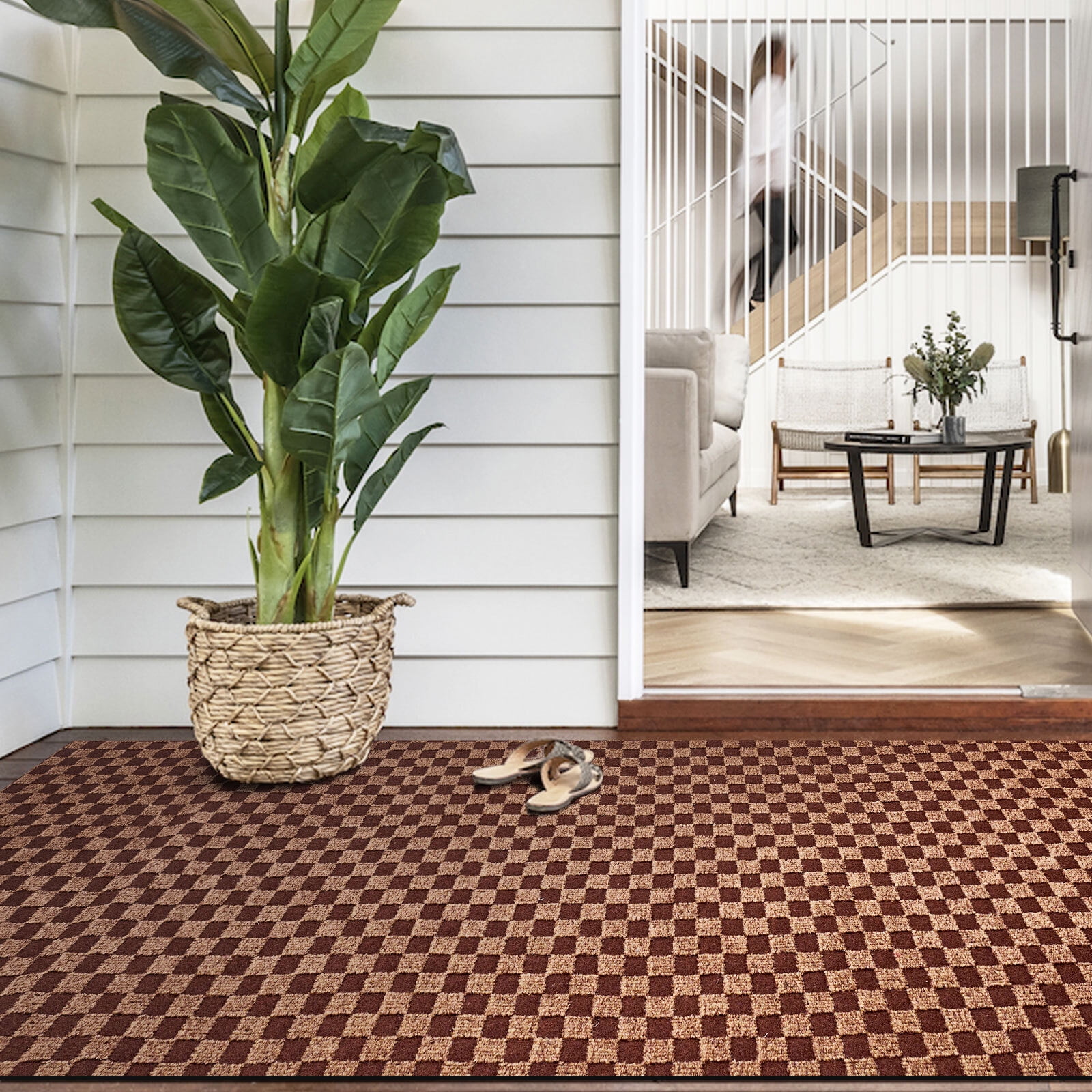 BESTVUE Runner Rug Outdoor Non Slips Carpet Runners Indoor Utility Area Rugs Mat for Kitchen Hallway Entryway Garage with Rubber Backing Checkred Brown 3ft x 4ft