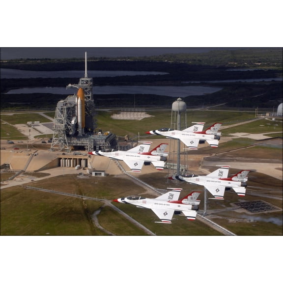 24"x36" Gallery Poster, USAF Thunderbirds fly past space shuttle launch platform