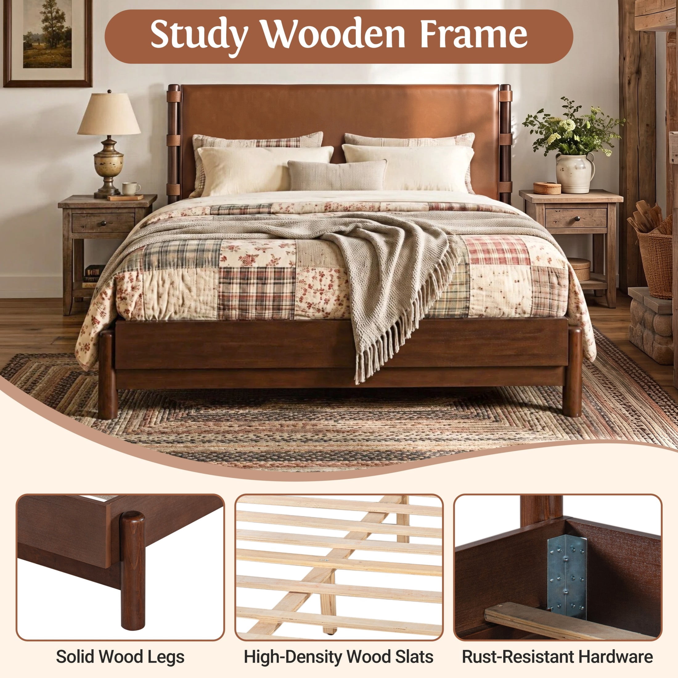Christopher Knight Home Queen Modern Wood Platform Bed with PU Upholstered Headboard, Walnut+Brown