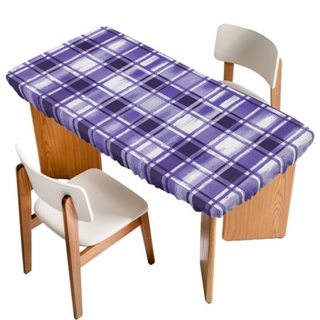 Purple Plaid Table Cloths for 3 Foot Rectangle Tables Modern Art Checkered Farmhouse Patio Waterproof Elastic Fitted Tablecloths Washable Rectangular Table Cover for Camping
