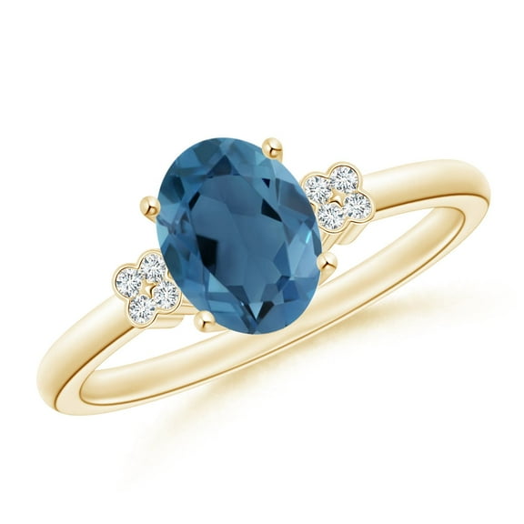 ANGARA Natural Oval 1.5 ct London Blue Topaz Ring with Diamond Floral in 14K Yellow Gold for Women (Size-8x6mm) | November Birthstone Jewelry for Women | London Blue Topaz Ring (Ring Size- 7.5)