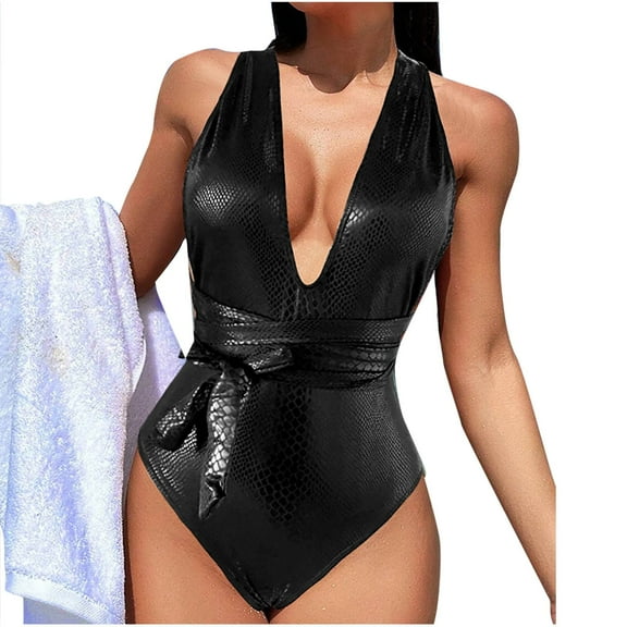 Youyipin One Piece Swimsuit Women Bodysuit Snakeskin Print Sexy Deep V Neck Bathing Suit Crisscross Back Self Tie Vacation Outfits