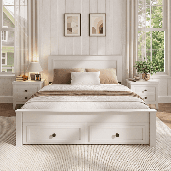 SYNGAR Full Bed Frame with Storage, Full Size Platform Bed with 2 Drawers, Wooden Bed Frame with Headboard, Heavy Duty Wood Support, No Box Spring, Farmhouse White Bed