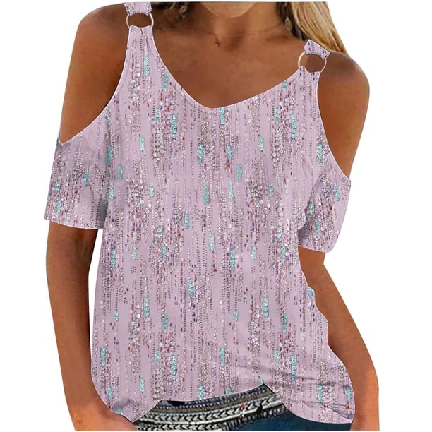 Fiudx Ofertas Flash Artículos En Oferta Blusas de Cuello Redondo de Manga Corta con Estampado Informal a La Moda para Mujer