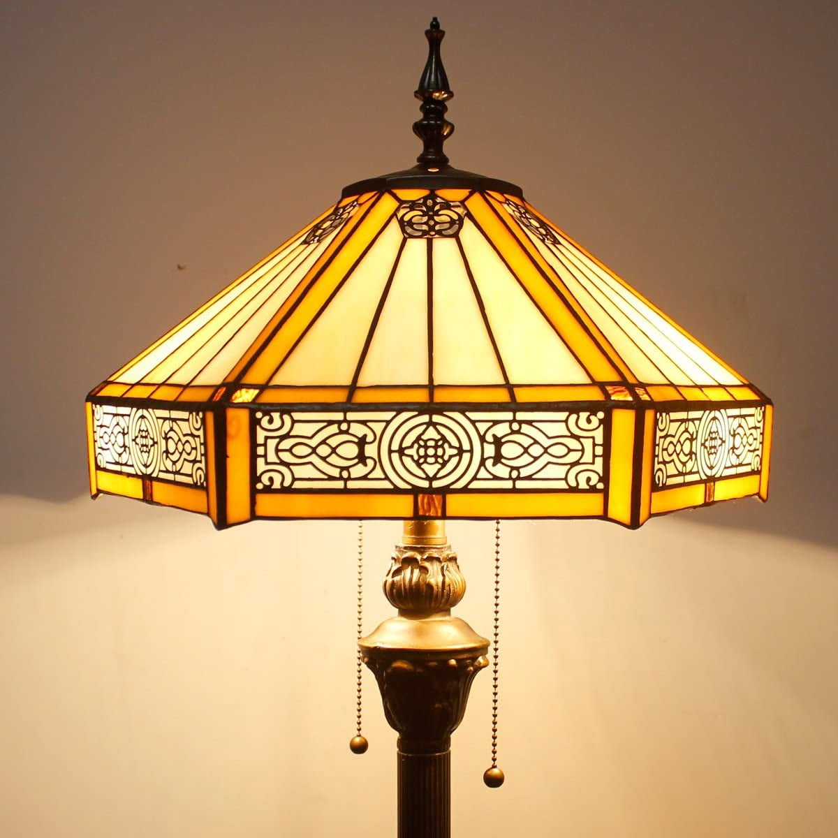 Tiffany Floor Lamp W16H64 Inch Yellow Stained Glass Hexagon Mission Style Shade Antique Standing Read Lighting Resin Base 2E26 S011 LAMPS Lover Gift Bedroom Living Room Bedside Coffee Table