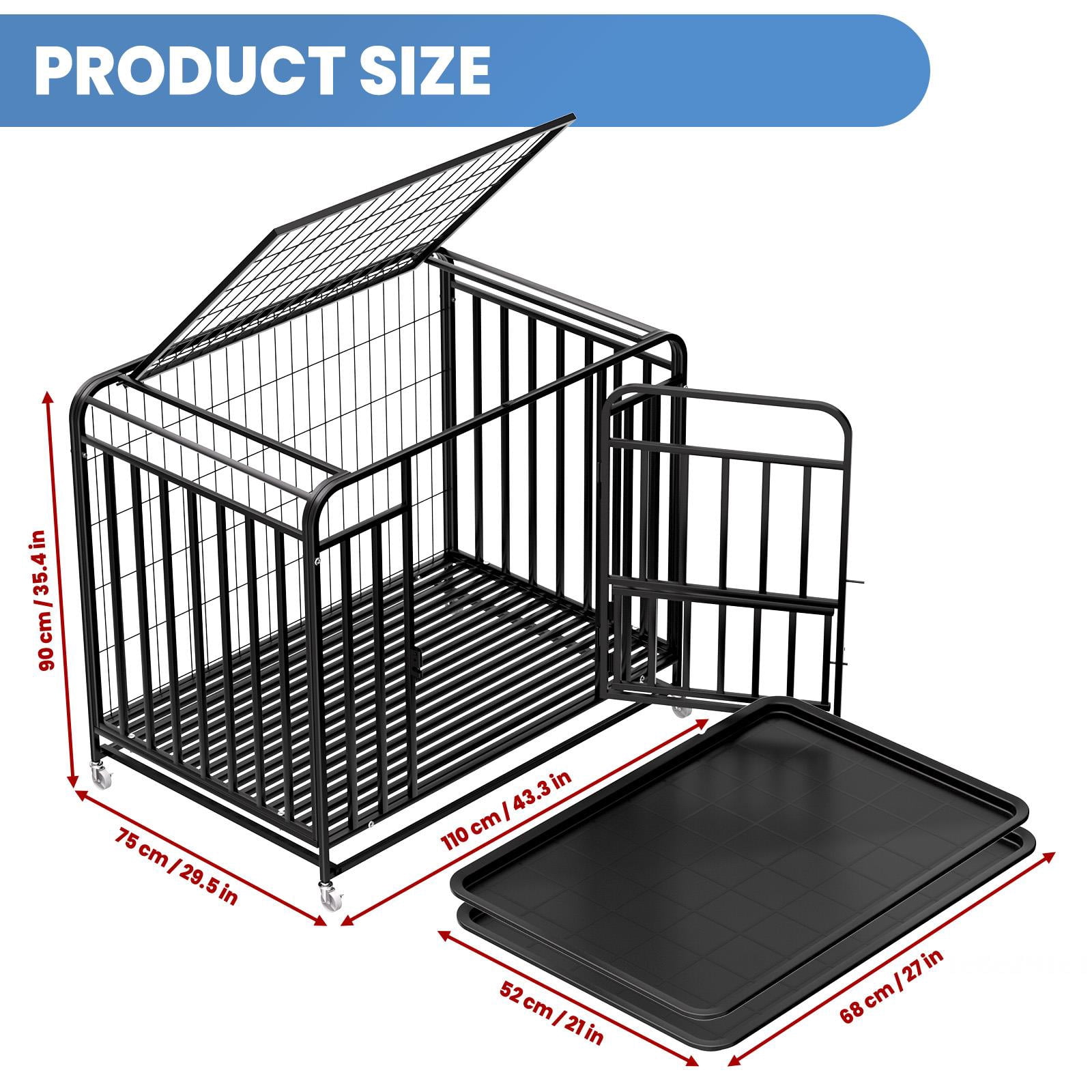 Black 42inch Indestructible Dog Cage, Double Door Dog Crate with Lockable Wheels, Easy Clean Removable Tray Dog Kennel for indoor apartment pet daily care and confinement