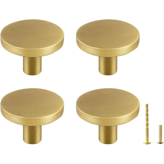 lvdiandian Solid Brass Brushed Gold Cabinet Knobs - Modern Round Gold Drawer Pulls Kitchen Cabinet Handles Gold Hardware for Dressers Cupboards Kitchen Bathroom Bedroom Furniture 4pcs 1-3/16in B