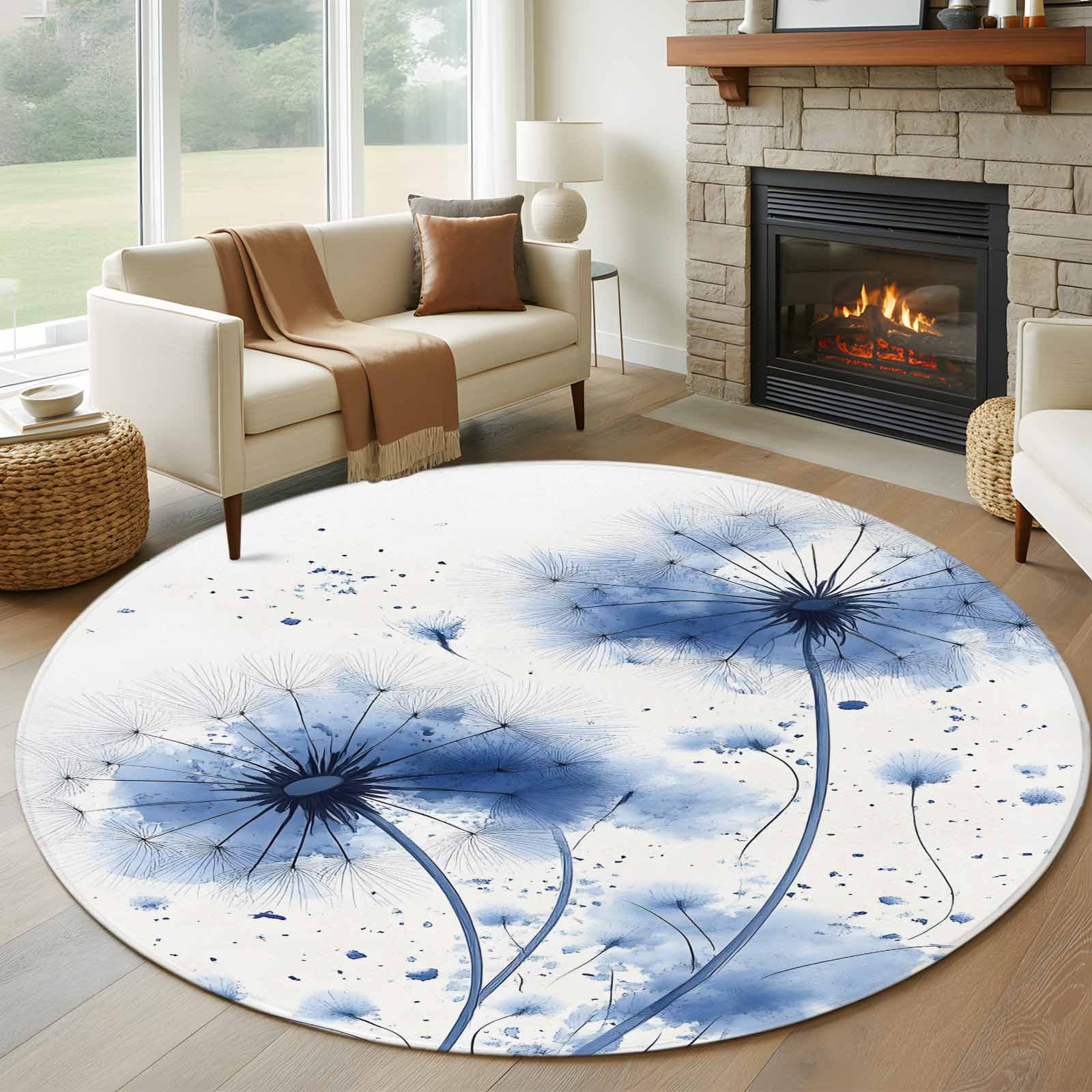 Round Rug 6ft Area Rug Watercolor Blue Dandelion Area Rugs for Living Room Bedroom Modern Country Botanical Floor Mat Non-Slip Non-Shedding Carpet Indoor Accent Rugs