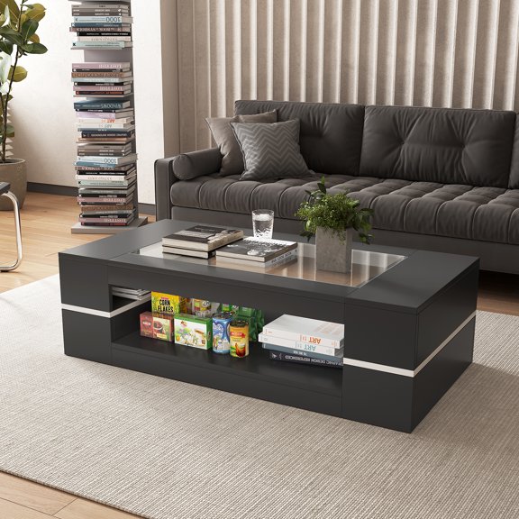 Hironpal 47" Modern Coffee Table with Glass Top, 2-Tier Rectangular Center Table with Storage for Living Room,Black