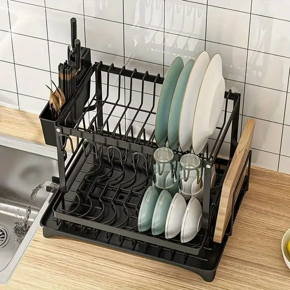 Auto Beyond Large Dish Drying Rack, 2 Tier Dish Rack for Kitchen Counter, Removable Large Capacity Dish Drainer Organizer with Utensil Holder, Black