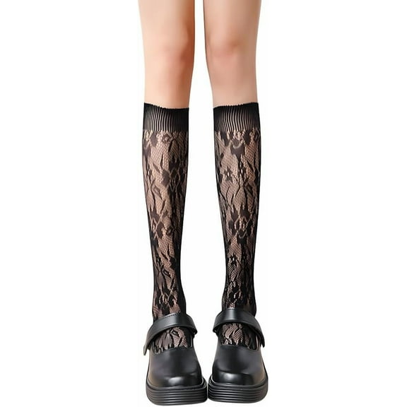 Black Women's Lace Fishnet Knee High Socks Lace Socks for Women Summer Cute Lolita Stockings Sheer Mesh Thin Trouser Socks Fishnet Mesh Knee High Stockings Lace for Women 13.3 Inch Black