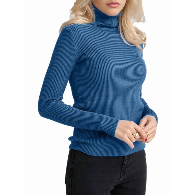 Suéteres Acanalados para Mujer, Lindos Suéteres de Punto de Cuello Alto, Ajustados y Cálidos Azul Vaquero un Tamaño