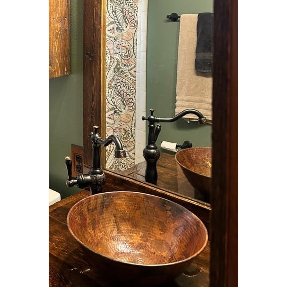 14" Round Copper Vessel Bathroom Sink Natural Patina COMBO