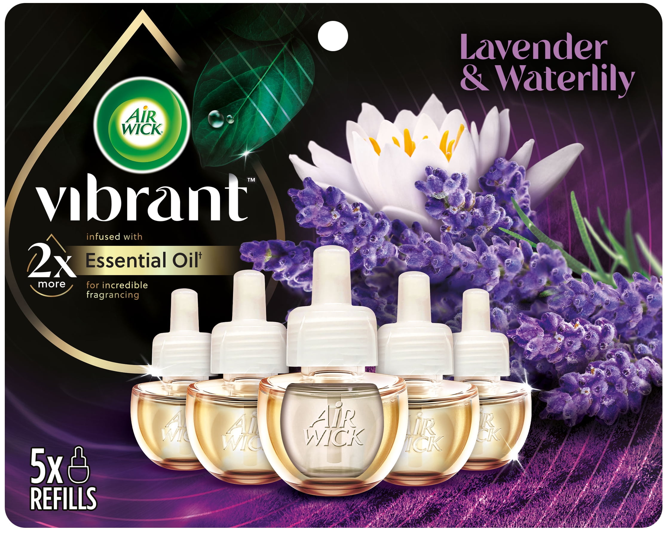 Air Wick Vibrant Plug in Scented Oil Refill, 5ct, Lavender & Waterlily, Air Freshener, Essential Oils