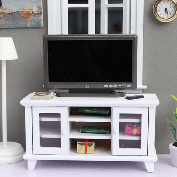 Goowood 1 12 Scale Dollhouse Furniture Miniature Living Room Set White Double Door TV Cabinet with TV and Remote Accessories for Doll House
