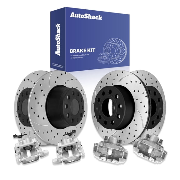 AutoShack Front & Rear Brake Rotors & Calipers for Volkswagen, Jetta 2005-2007, FWD L4 1.9L L5 2.5L - E-Coated Drilled & Slotted - ShadowGuard