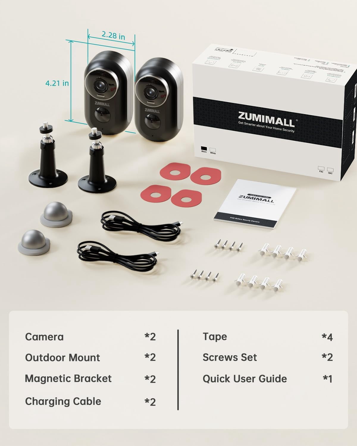 ZUMIMALL F5 Magnetic Mount, 2K Wireless Rechargeable Battery Powered Video Security Camera, 2 Pack, Black